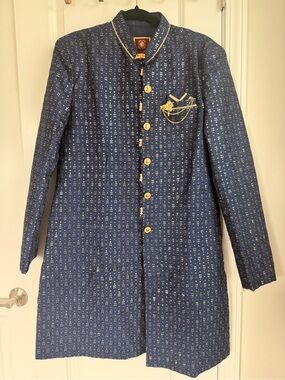 Men’s Navy Blue Embroidered Sherwani with Gold Accents